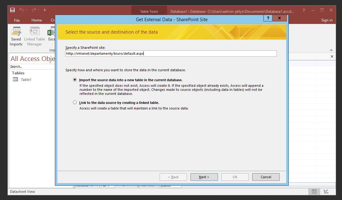Access import wizard for SharePoint list data into a new table