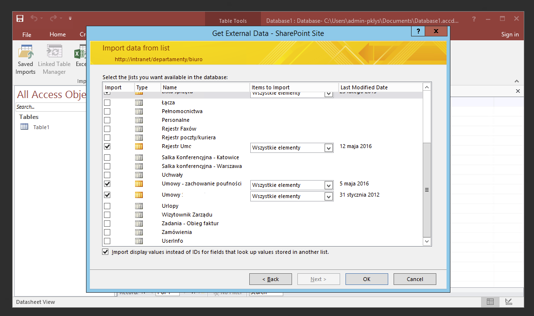 Access list selection screen for SharePoint import
