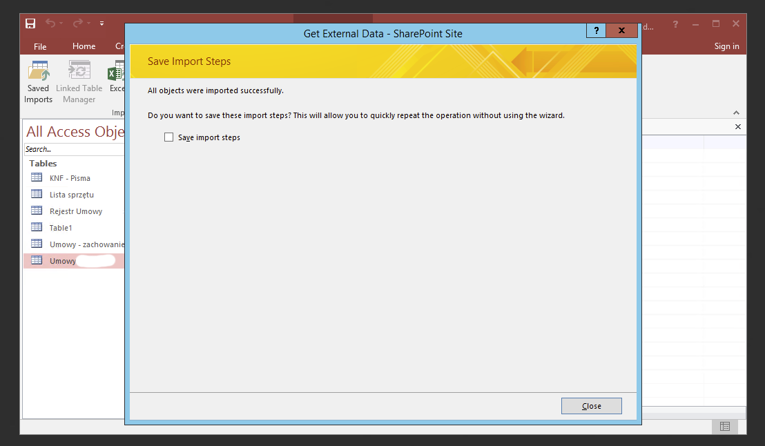 Completed Access import dialog for SharePoint lists