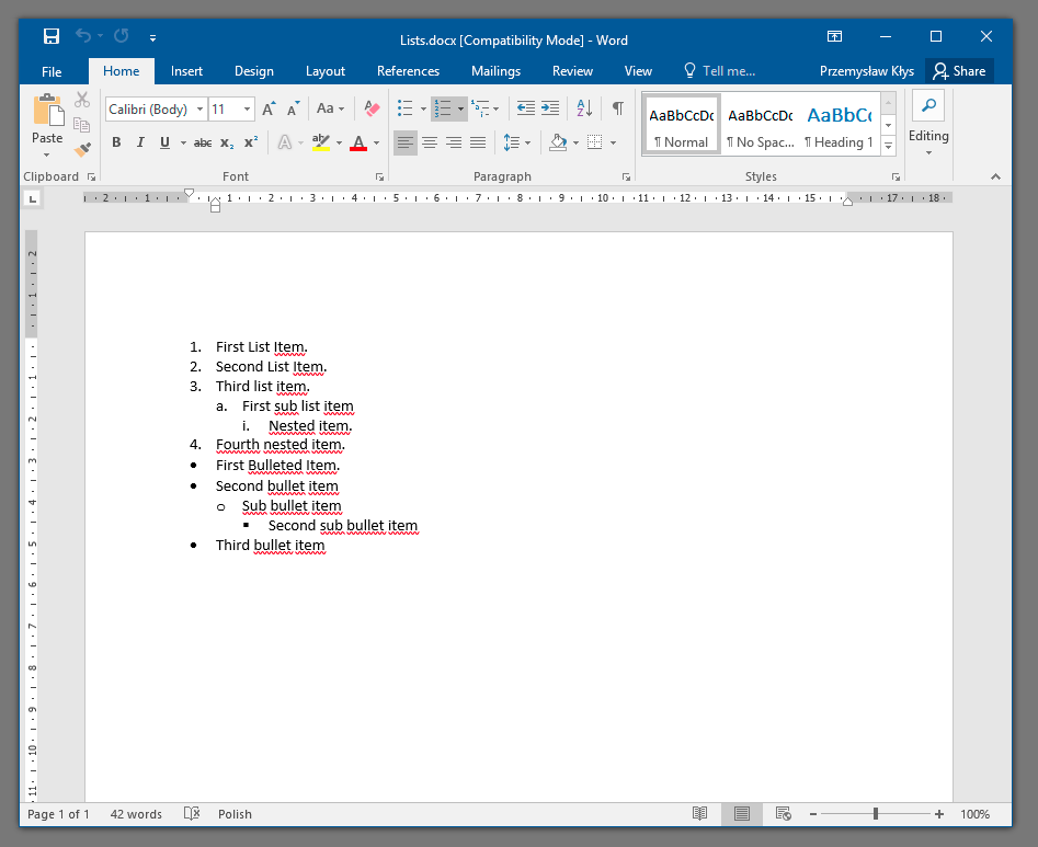 Generated Lists.docx document displaying nested ordered and unordered lists in Microsoft Word.