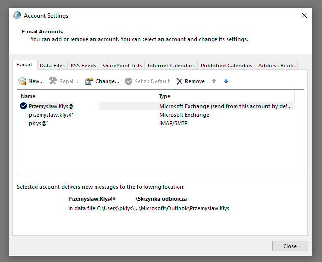 Account Settings window listing configured Outlook email accounts