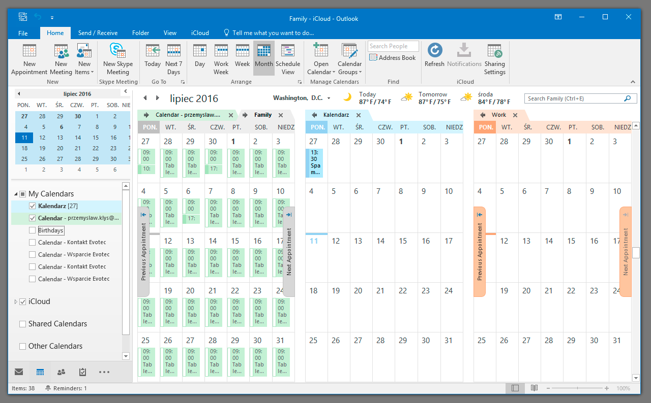 Outlook calendar view with multiple Office 365 calendars and scheduled entries
