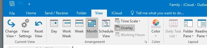 Outlook ribbon on the View tab for changing the calendar layout