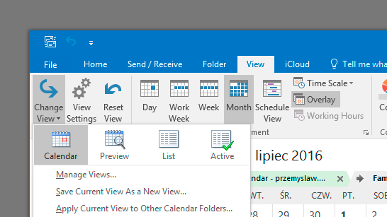 Change View menu in Outlook with the List view option selected