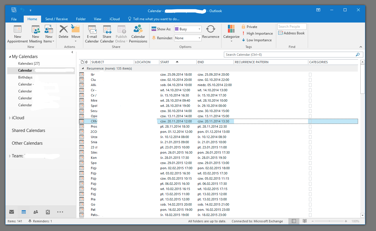 Outlook calendar items shown in list view to simplify copying between accounts