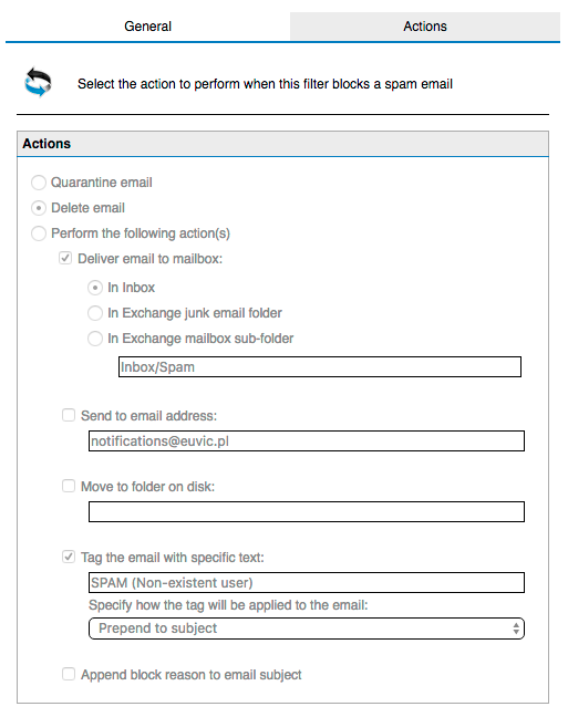 GFI MailEssentials Directory Harvesting actions tab showing the Delete email option disabled