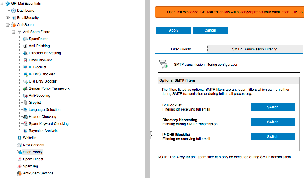 GFI MailEssentials SMTP Transmission Filtering view showing Directory Harvesting filtering during SMTP transmission
