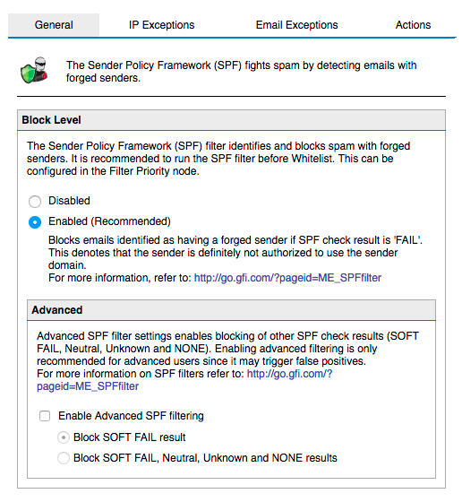 Dedicated Sender Policy Framework settings in GFI MailEssentials