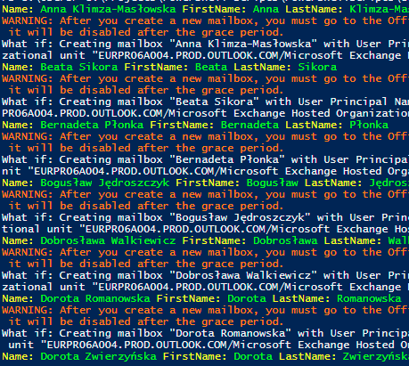 Successful New-Mailbox what-if output after replacing UserPrincipalName with MicrosoftOnlineServicesID.
