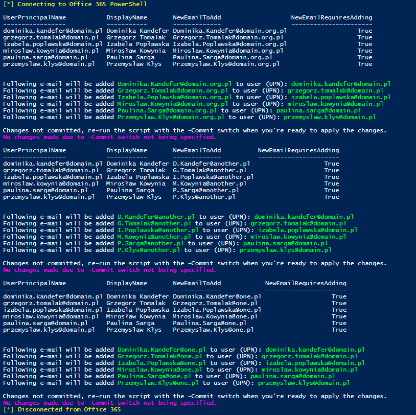 Office 365 PowerShell output showing users receiving new email addresses from the script