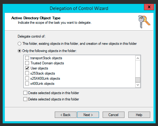 Delegation of Control Wizard configured for only User objects in the folder