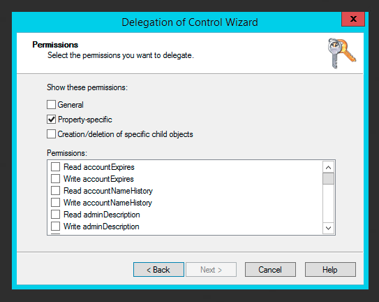 Property-specific permissions list in the wizard without physicalDeliveryOfficeName visible
