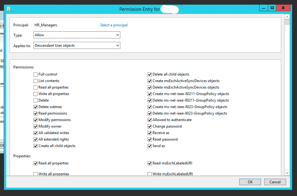 Advanced security permissions for descendant user objects without the physicalDeliveryOfficeName field