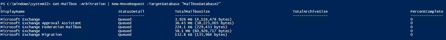 PowerShell command moving Exchange arbitration mailboxes to another database