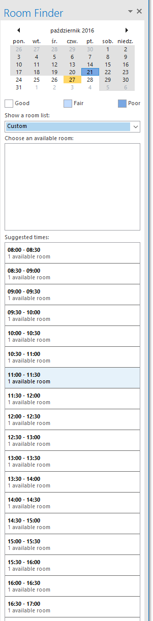 Outlook Room Finder showing available room suggestions after selecting a valid meeting day and time.