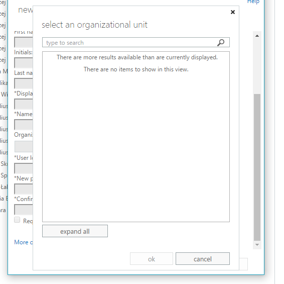 Exchange 2013 ECP OU picker window showing no organizational units