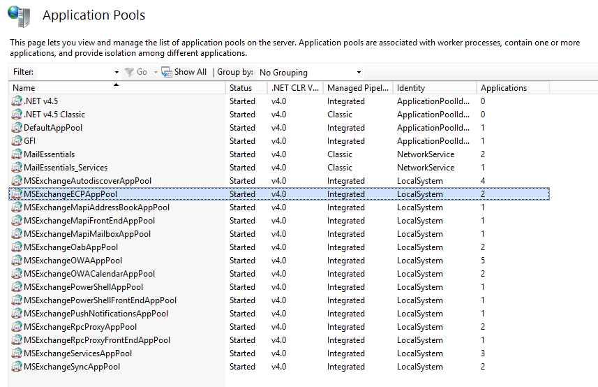 IIS application pools view with MSExchangeECPAppPool selected for recycle