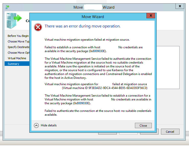Hyper-V live migration error dialog in Remote Desktop Manager