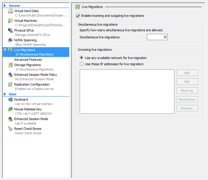 Hyper-V live migration settings with incoming and outgoing live migrations enabled