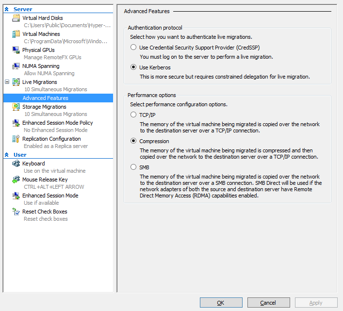 Hyper-V live migration settings with Kerberos selected