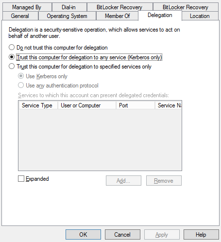 Active Directory delegation setting to trust this computer for delegation to any service