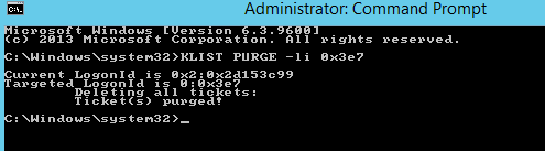 Command prompt showing KLIST PURGE output