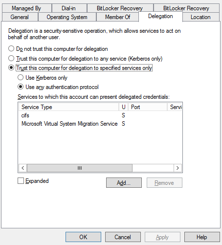Delegation setting to use any authentication protocol for Windows Server 2012 R2 to 2016