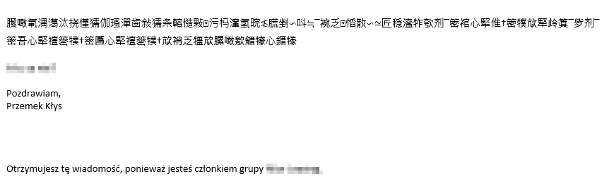 Plain-text Office 365 group message where the header fields appear as garbled Chinese-like characters
