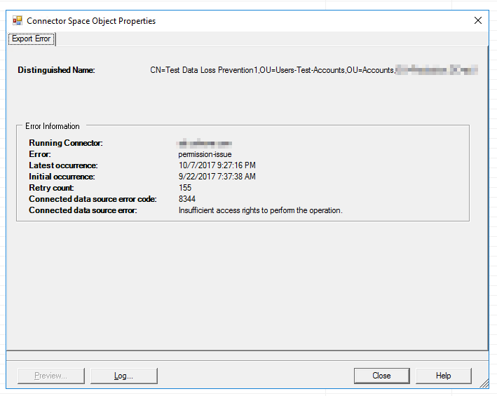 Azure AD Connect export error details indicating a permission issue during synchronization