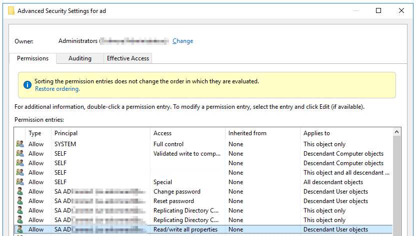 Active Directory permissions view with Read and Write All Properties for Users added for Azure AD Connect