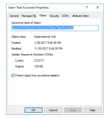 Organizational Unit properties in Active Directory with Protect object from accidental deletion enabled on the Object tab.