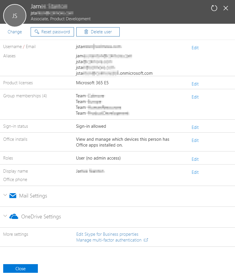 Final cloud user view showing the restored onmicrosoft.com address