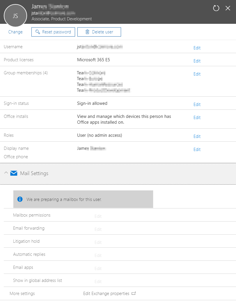 License assignment screen used to re-enable the mailbox