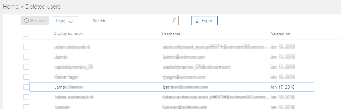 Deleted users section in Office 365 with the synchronized user ready to restore