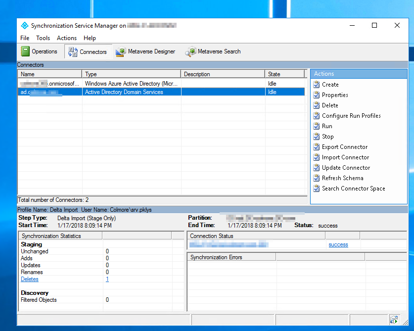 Synchronization status showing one deletion after moving the user out of scope