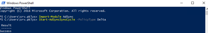 PowerShell output from Start-AdSyncSyncCycle running a delta synchronization