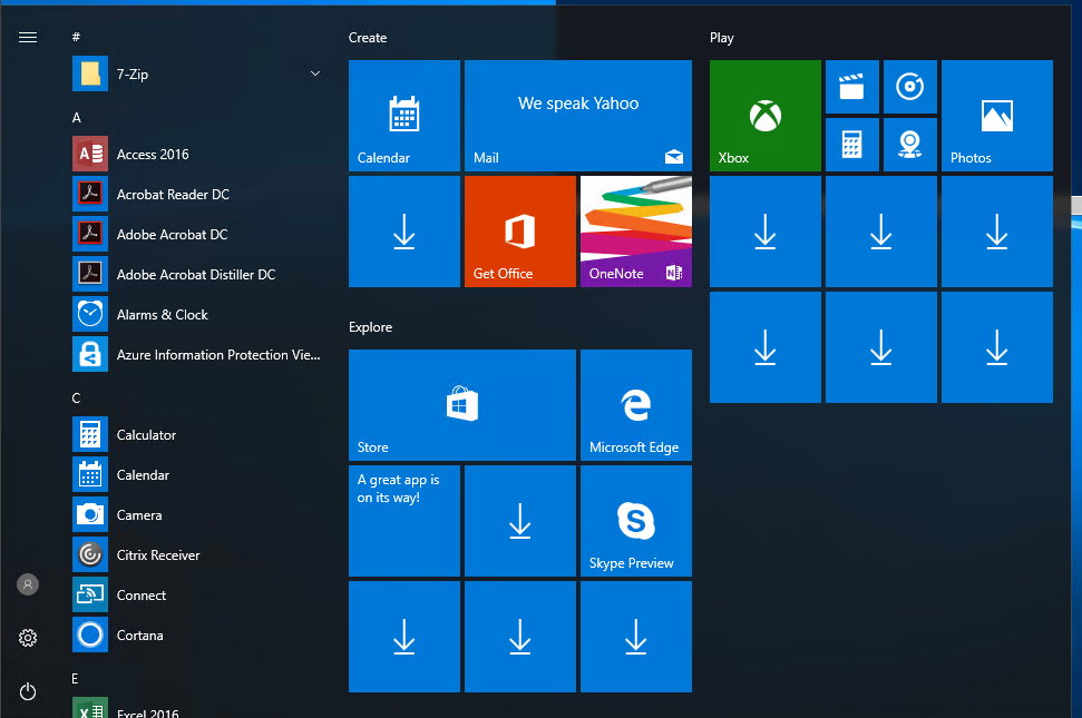 Default Windows 10 Start menu with many built-in tiles before customization