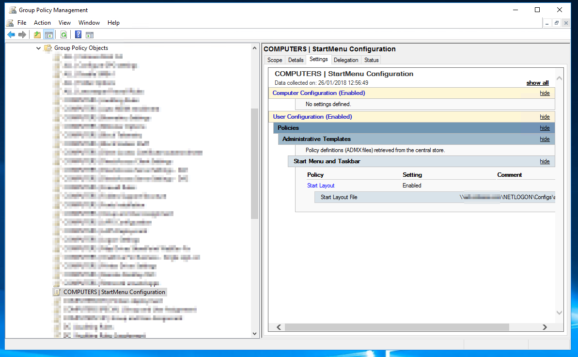 Administrative Templates location in Group Policy for configuring the Start Layout policy