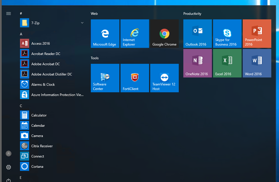 Windows 10 Start menu after applying the imported layout through Group Policy