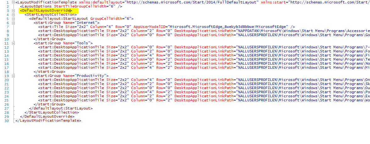 Start menu layout XML before enabling partial user customization