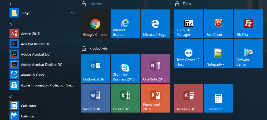 Windows 10 Start menu showing padlock icons on the protected tile group