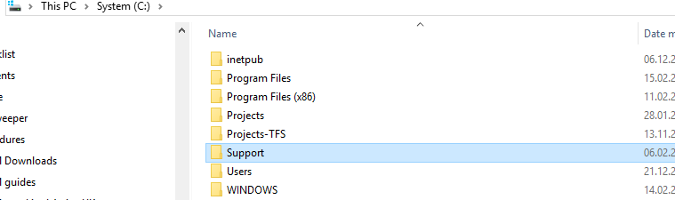 Windows File Explorer with the Support folder selected on C: drive
