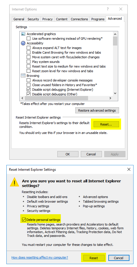 Internet Options reset screen highlighting Reset Internet Explorer settings and Delete personal settings