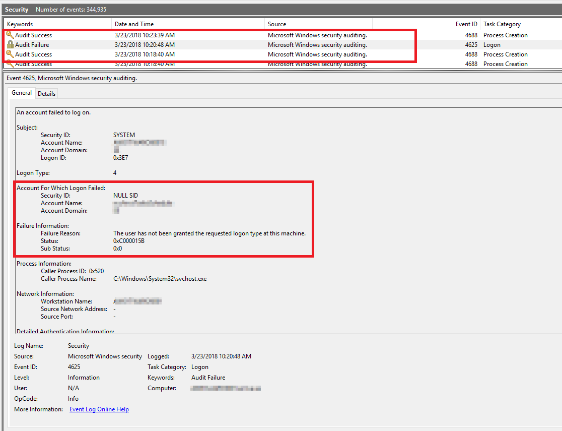 Security event 4625 showing failed task logon caused by missing Log on as a batch job permission.