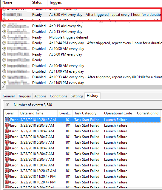Task Scheduler history entry showing the task failure associated with missing batch logon rights.