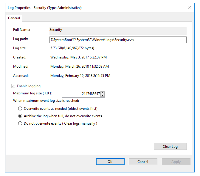 Event log properties showing the correct maximum log size of 2 TB