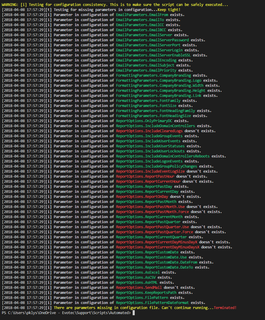 Event Monitoring prerequisite test output highlighting missing configuration parameters before the script can run safely.