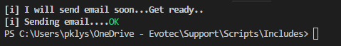 Write-Color example output printing a sending email status message followed by a green OK result.
