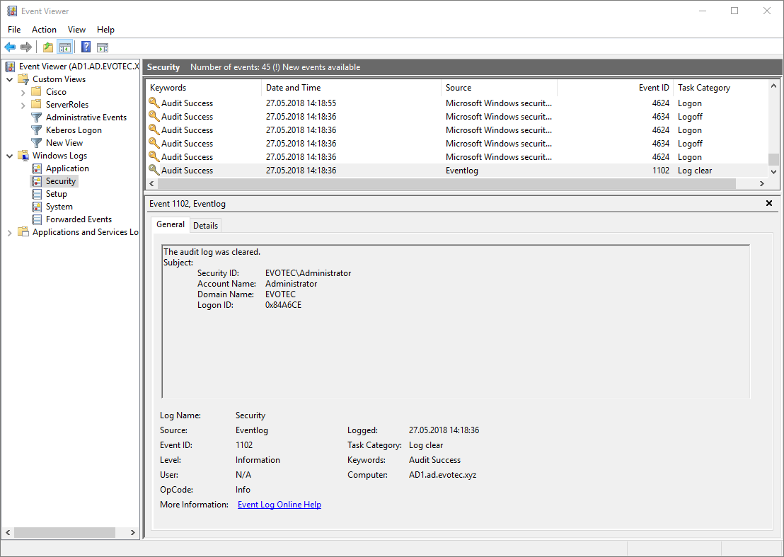 Windows Event Viewer showing a long list of logged events during troubleshooting