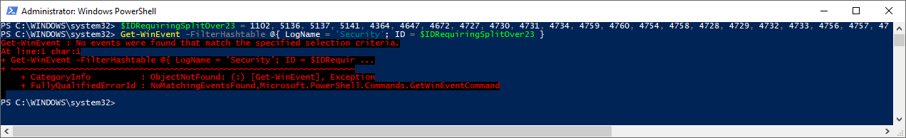 PowerShell error showing the Windows event query exceeded the maximum number of event IDs